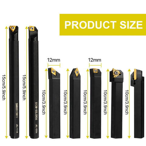 Pro Grade 21 Piece Indexable Lathe Tool Kit With 7 Boring Bars And 14 Carbide Inserts For Turning Grooving And Threading Includes 8 Wrenches Half Inch And Twelve Millimeter Shanks Heavy Duty Metal Lathe Tools Set showing product size and dimensions in centimeters and inches, including 15 cm shanks with carbide inserts.