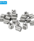 Front view: group of 20 stainless steel thread adapter sleeves; M6x1 male to M4x0.7 female reducing inserts