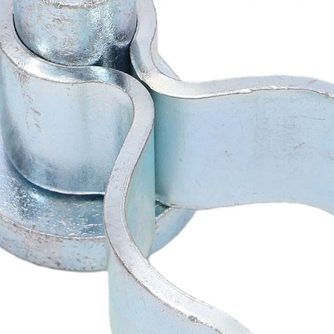 Close-up of a galvanized iron T post gate hinge for 1 3 8 inch chain link fence gates, part of a 2 pack for farm yard use.