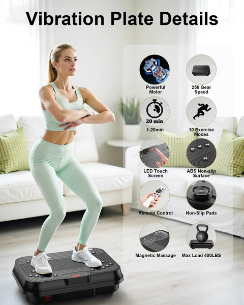 Woman exercising on Total Body Vibration Plate For Kickstart Fat Burn And Lymphatic Drainage Home Gym Workout with features displayed.