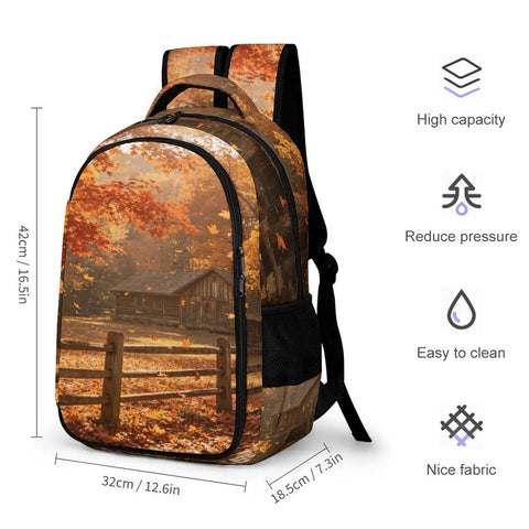 Log Cabin Maple Scene Printed Unisex Backpack With Large Capacity, Durable Polyester Build, Breathable Fabric, Smooth Zipper