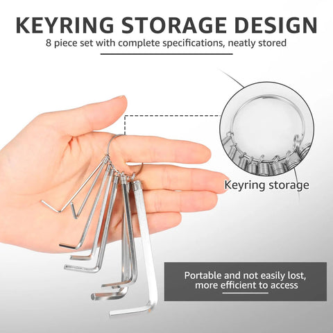 Super Tough 8Pcs Metric Hex Key Set With Handy Keyring, Heavy Duty L Shape Allen Wrenches, Nickel Plated Ratchet Drivers for storage