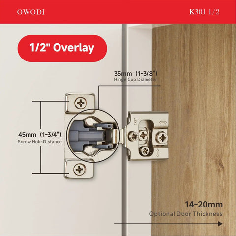 Soft Close Cabinet Hinges 40 Pack For Face Frame Doors Half Inch Overlay showing 35mm cup diameter for installation details.