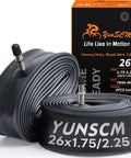 26 Inch Heavy Duty Bike Inner Tubes 26 By 1.75 To 2.25 Inch 45 57 559 TR4A 40L Schrader Valve Fits Road Gravel MTB Standard Pump 2 Pack Premium Butyl Tubes Durable For Puncture Resistance And Longevity Ideal Replacement For Road Gravel And Mountain Bike, showing rolled tubes with box.