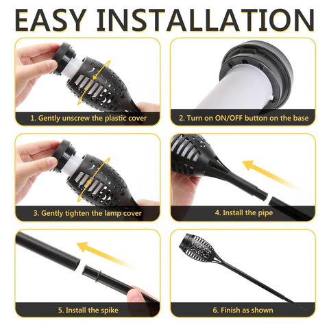 Installation steps for Solar Powered Outdoor Lights With Purple Flickering Flame For Patio And Pathway Decor, 6 Pack.