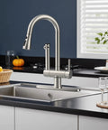 Premium Brushed Nickel Pull Down Kitchen Faucet With Built In Water Filter And Activated Carbon Ultrafiltration Spray Head in kitchen sink.