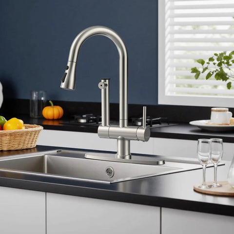 Premium Brushed Nickel Pull Down Kitchen Faucet With Built In Water Filter And Activated Carbon Ultrafiltration Spray Head in kitchen sink.