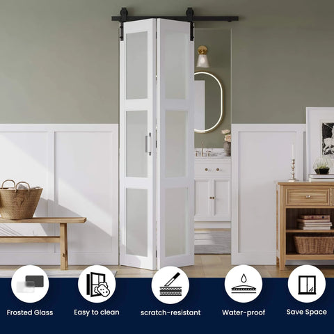 Space Saving Bifold Barn Door 28 Inch by 84 Inch Frosted Glass With Hardware Kit Included White PVC Surface in a room setting