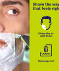 OneBlade Hybrid Electric Trimmer And Shaver With Dual Cut Technology used with shaving foam on face