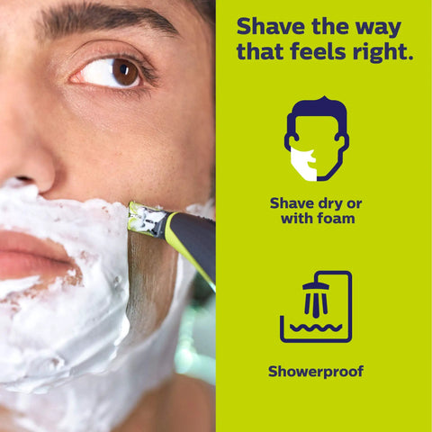 OneBlade Hybrid Electric Trimmer And Shaver With Dual Cut Technology used with shaving foam on face