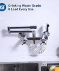 Wall Mount Kitchen Faucet With 360 Degree Rotating Spout Folding Design 17 Inch Reach Side Sprayer And 2 Handle Pot Filler