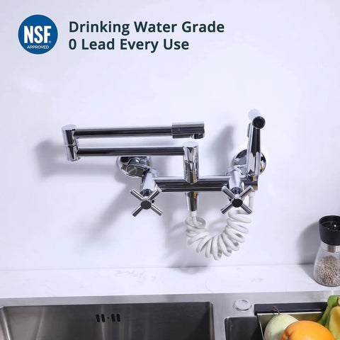 Wall Mount Kitchen Faucet With 360 Degree Rotating Spout Folding Design 17 Inch Reach Side Sprayer And 2 Handle Pot Filler
