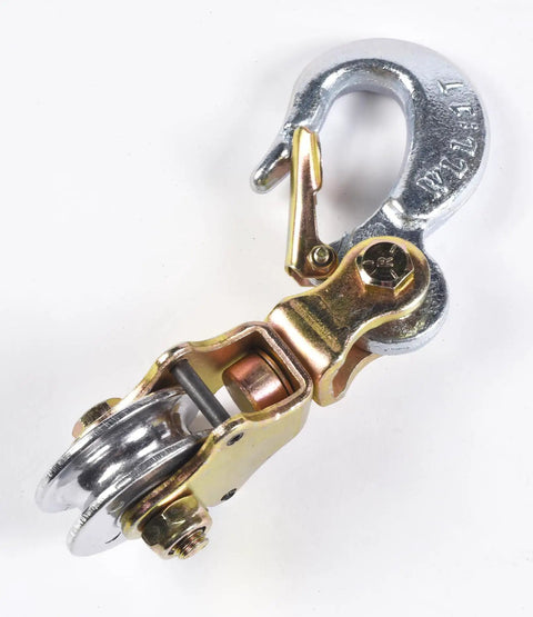 Heavy Duty Wire Rope Pulley Block One Ton Snatch Block With Swivel Eye And Hoist Hook, Anodized Sheave For Cable Up To Five Sixteenth Inch, Boost Winch Power And Pull Capability For Tough Jobs, silver and gold 1-ton snatch block