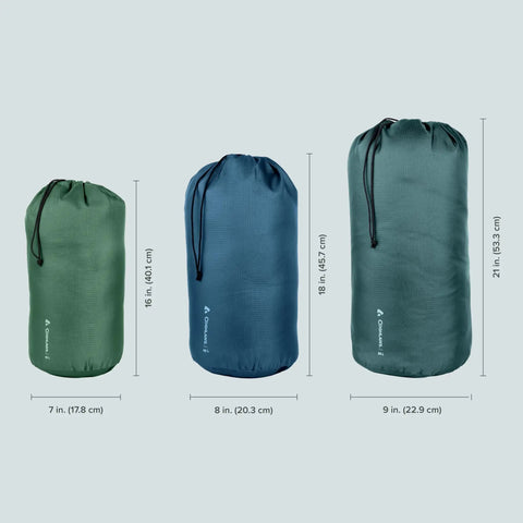 Three 20L Ripstop Stuff Bags With Water Resistant DWR Coating, Lightweight Outdoor Drawstring Sacks in different colors and sizes.