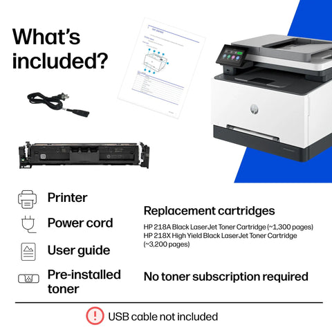 Color LaserJet Pro MFP 3301sdw Wireless All In One Color Printer For Small Office Teams With Fast 26 Ppm Scanner Copier ADF Duplex Easy Wireless Setup The Real Office Workhorse showing included printer, toner cartridges, power cord, and user guide