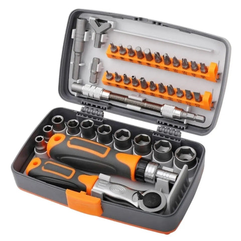 Heavy Duty Ratchet Screwdriver Set With Magnetic Bits, Sleek Mechanic Tool Kit For Tough Household Repairs And Handyman Jobs You Gotta Get Done Fast. 135pc set in orange case with ratchet handle, bits, and sockets