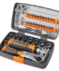 Get Ready For Any DIY Job With This Heavy Duty 135 Piece Ratcheting Wrench And Screwdriver Set Featuring Magnetic Bits Torx Heads And Orange Grip For Home Auto Maintenance Tasks. open case with orange grip ratchet wrench set, chrome vanadium sockets and bits