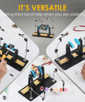 Heavy Base Circuit Board Holder With Two Handy Helping Hands And 360 Degree Rotation For Soldering And Electronics Repair, Space Saving Aluminum Clamp Stand For PCBs And DIY Projects in use for versatile tasks.