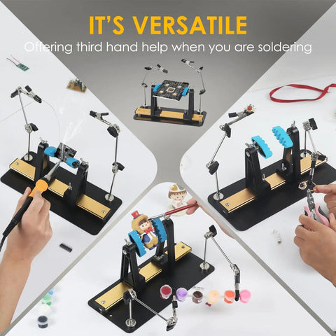 Heavy Base Circuit Board Holder With Two Handy Helping Hands And 360 Degree Rotation For Soldering And Electronics Repair, Space Saving Aluminum Clamp Stand For PCBs And DIY Projects in use for versatile tasks.