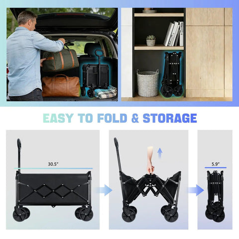 Heavy Duty Collapsible Wagon Cart With Wheels 280 Lb Capacity All Terrain Utility Wagon folded for easy storage in car and shelves
