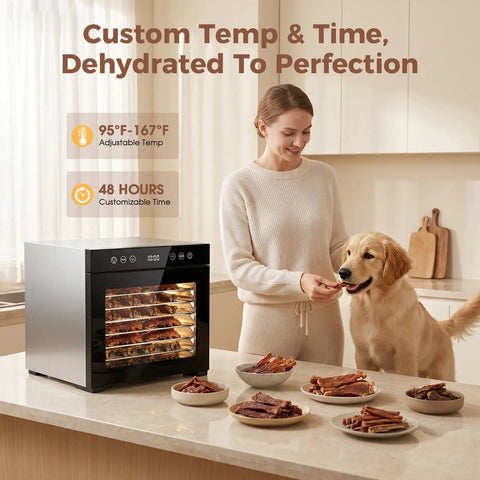 Eight Tray Stainless Steel Food Dehydrator With Digital Timer And Precise Temperature Control Auto Shut Off Ultra Quiet 650W Motor For Homemade Jerky Dried Fruits And Custom Dog Treats Keeps Your Snack Game Legit with woman feeding dog