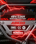 Close-up of 48V 23Ah removable battery on Powerful 4000W Electric Dirt Bike For Teens And Adults With 45 MPH Peak Speed