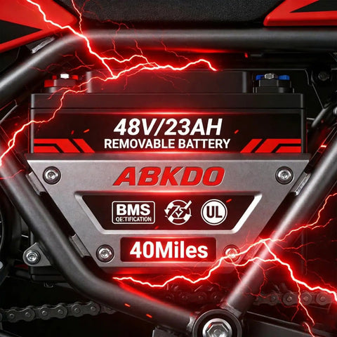Close-up of 48V 23Ah removable battery on Powerful 4000W Electric Dirt Bike For Teens And Adults With 45 MPH Peak Speed