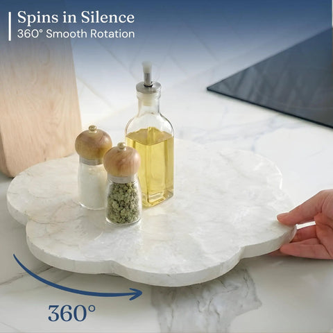 Genuine White Capiz Shell Rotating Lazy Susan Serving Tray For Dining Tables features scalloped design on a smooth 12 inch surface.