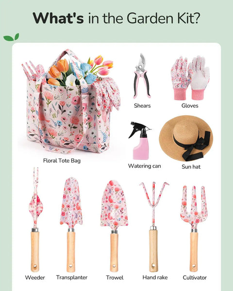 10 Piece Womens Garden Tool Gift Set With Floral Organizer Bag Rust Proof Heavy Duty Tools In Pink Cute Yet Tough For Garden Gals