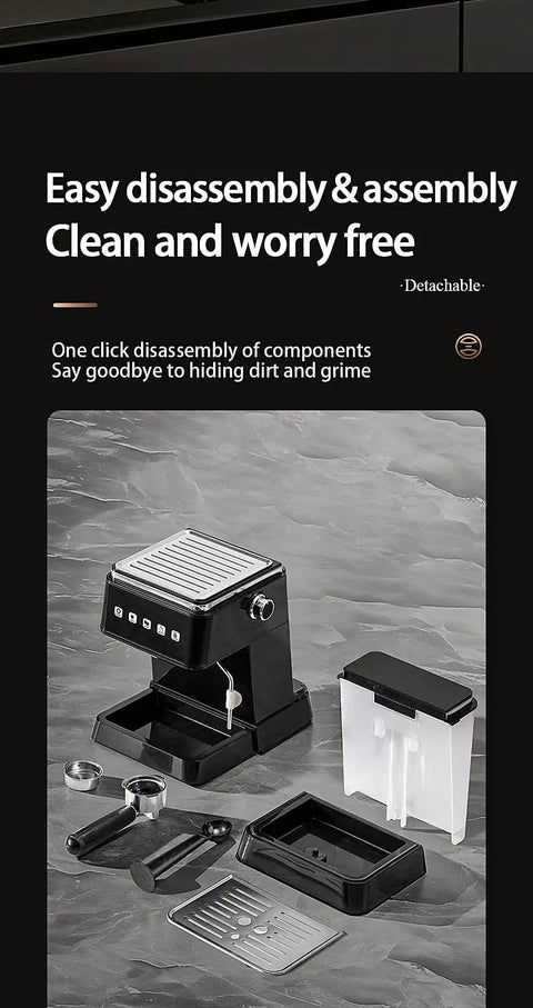 Compact Semi Automatic Espresso Coffee Maker With Built In Steam Wand For Lattes And Cappuccinos showing easy disassembly parts on a kitchen counter.