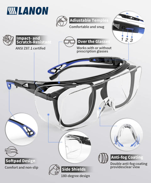 Over Glasses Safety Goggles With Anti Fog Lenses ANSI Z87 1 Certified Scratch Resistant with side shields and adjustable fit