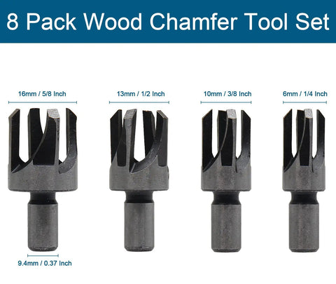 Top Tier 8 Piece Hardwood Plug Cutter Bit Set Features Standard And Four Tooth Chamfered Heads For Smooth Joint Repairs Made From Heavy Duty Carbon Steel. Set includes various sizes from 6mm to 16mm.