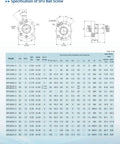 SFU1605 ball screw specification sheet with front and side views and dimension table.