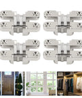 Mini Cross Hidden Hinge Set 4Pcs 43mm Zinc Alloy 180 Degree Swing Invisible Door Hinge For Jewelry Boxes Cabinets Folding Doors And DIY Projects With Beefy Durable Pro Grade Performance displayed against a white background with images of potential applications below.