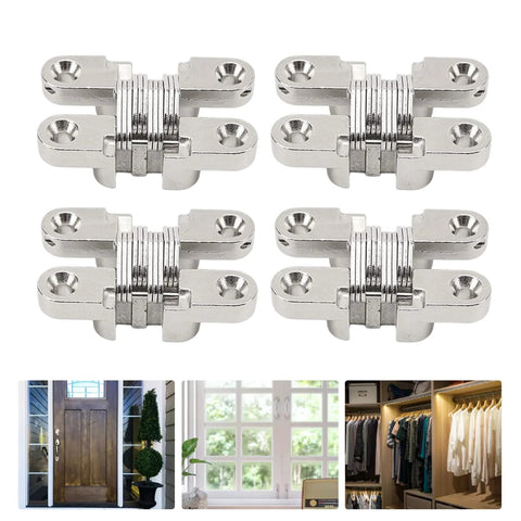 Mini Cross Hidden Hinge Set 4Pcs 43mm Zinc Alloy 180 Degree Swing Invisible Door Hinge For Jewelry Boxes Cabinets Folding Doors And DIY Projects With Beefy Durable Pro Grade Performance displayed against a white background with images of potential applications below.