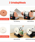 Mini Bench Grinder 96W, 7 Speed Adjustable Electric Tool With 3000 To 6000 Rpm Range Forward Reverse Switch And Smooth Operator Design with coarse and fine grinding wheels.