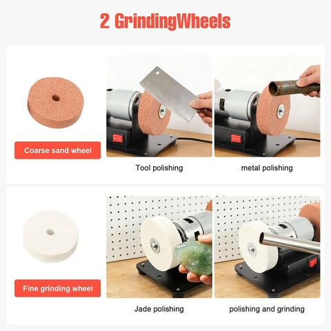 Mini Bench Grinder 96W, 7 Speed Adjustable Electric Tool With 3000 To 6000 Rpm Range Forward Reverse Switch And Smooth Operator Design with coarse and fine grinding wheels.