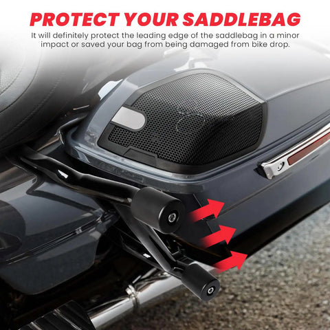 Badass Saddlebag Guard Crash Bar For Harley Touring Motorcycles showing heavy gauge steel protectors on a motorcycle saddlebag.