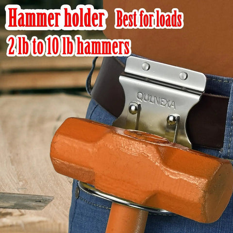 Built To Last Stainless Steel Hammer Holster For Tool Belts, 2.6 Inch Hammer Loop attached to a belt holding a hammer