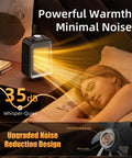 Compact Ceramic Space Heater For Office And Bedroom next to a sleeping woman with warm glow, showcasing quiet operation at 35 dB.