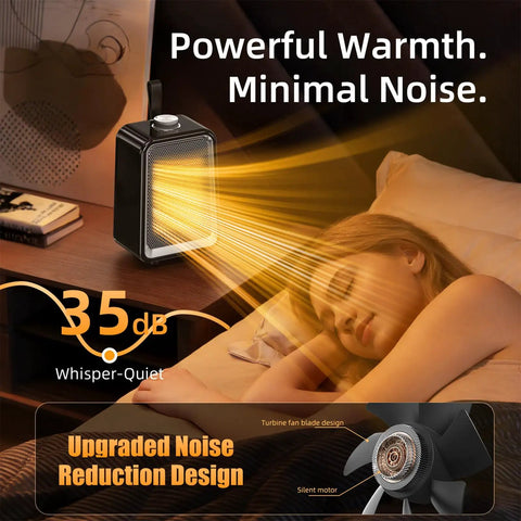 Compact Ceramic Space Heater For Office And Bedroom next to a sleeping woman with warm glow, showcasing quiet operation at 35 dB.