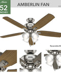 52 Inch Indoor LED Ceiling Fan With Pull Chain Lights, Brushed Nickel Finish, Five Blades, Standard Mount, No Remote, Bulbs Included