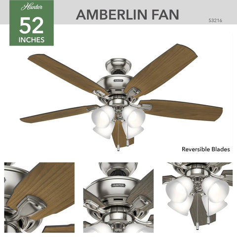 52 Inch Indoor LED Ceiling Fan With Pull Chain Lights, Brushed Nickel Finish, Five Blades, Standard Mount, No Remote, Bulbs Included