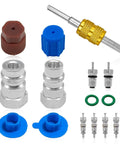 R12 To R134A AC Conversion Kit With High And Low Side Fitting Adapters For Car Air Conditioning Retrofit One Quarter SAE To Seven Sixteen Inch Includes Quick Couplers Valve Cores And Caps components