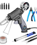 Auto Feed Soldering Gun Kit With LCD Display And Hands Free Operation Plus Minus 1C Precision Temperature Control 8 In 1 Electronics Repair Set, showing tools and tips.