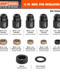 Wheel Stud Installation And Rethread Kit, 12-Piece No Fuss Pro Grade Set with installers, nuts, spacer, and gasket