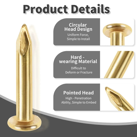 Hella Durable Copper Plated Tiny Hardware Nails 300 Pack Quarter Inch Gold Carbon Steel Fine Finish showing circular head and pointed design.