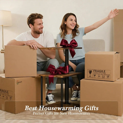 Couple surrounded by boxes with C Shaped End Table With 360 Degree Swivel Height Adjustable Sofa Side Table and bow