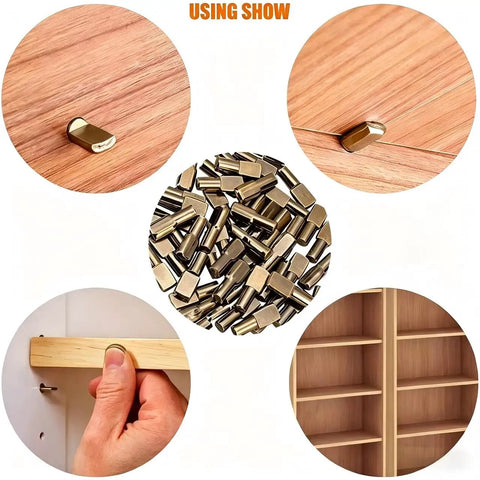 Solid Bronze Shelf Pins 100 Pack Cabinet Pegs For Straight Up Diy Fixes shown in use with wooden shelves and storage units.