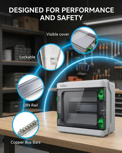 Beefy IP66 Weatherproof Circuit Breaker Box Built For Indoor And Outdoor Use, 8 Way Distribution Protection Power Panel, Dustproof Waterproof Electrical Box For Safe Home Or Job Site. White plastic panel with lockable clear cover, DIN rail and copper bus bars.